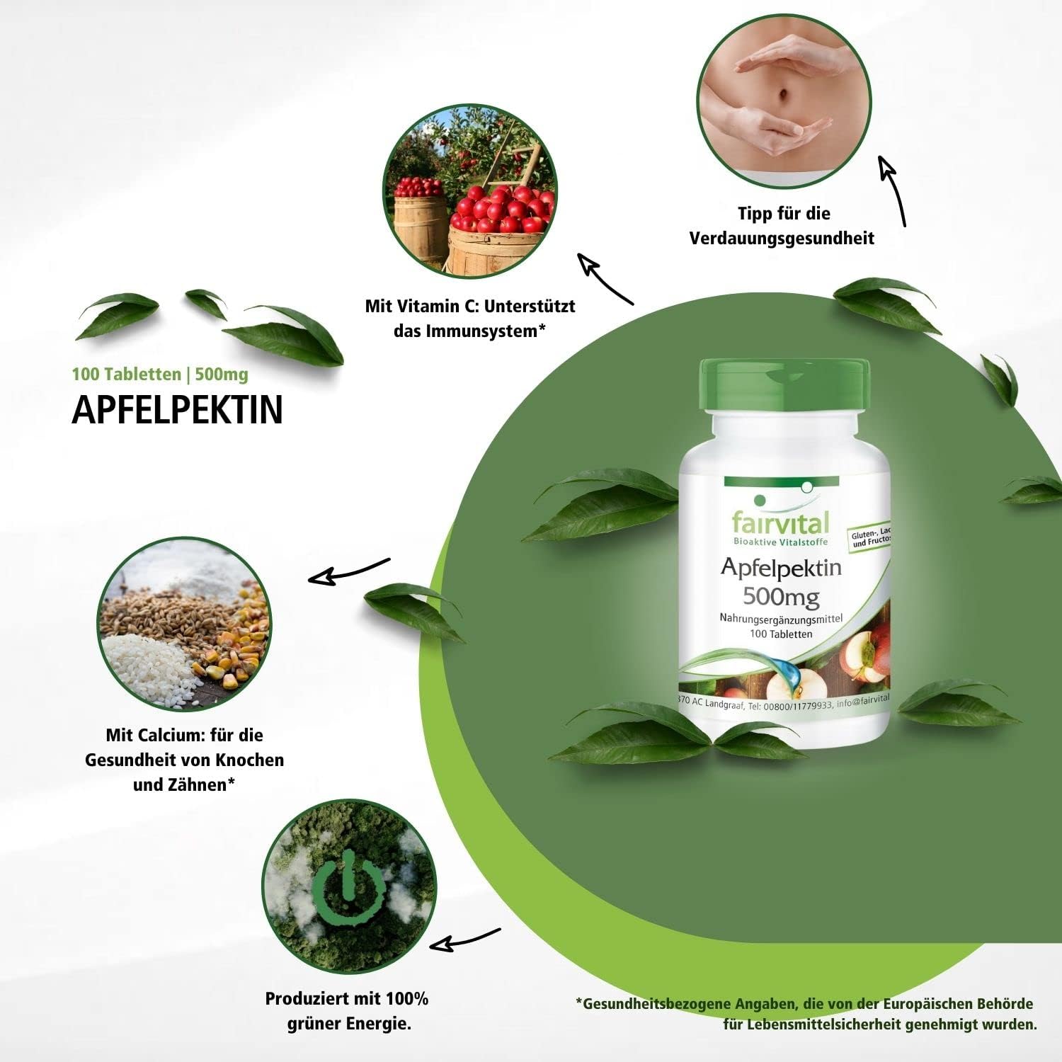 Apfelpektin 500mg - 100 Tabletten - mit Vitamin C; Calcium - für Knochen; Immunsystem uvm. - Vegan | Fairvital