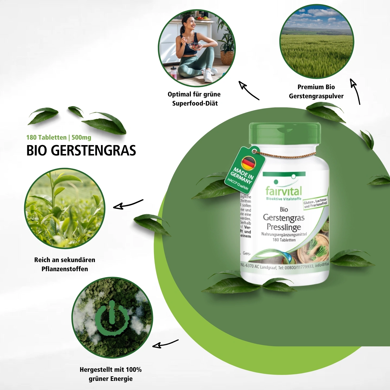 Bio Gerstengras Presslinge - 180 Tabletten  - Hoch bioverfügbar - Hochdosiert und Vegan | Fairvital