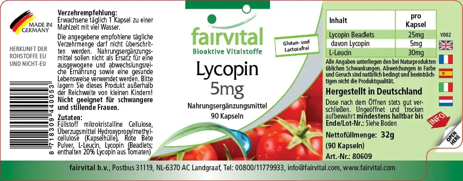 Lycopin 5mg - 90 Kapseln - aus Tomatenextrakt - Hochdosiert und Vegan | Fairvital Lycopin 5mg - 90 Kapseln - aus Tomatenextrakt - Hochdosiert und Vegan | Fairvital