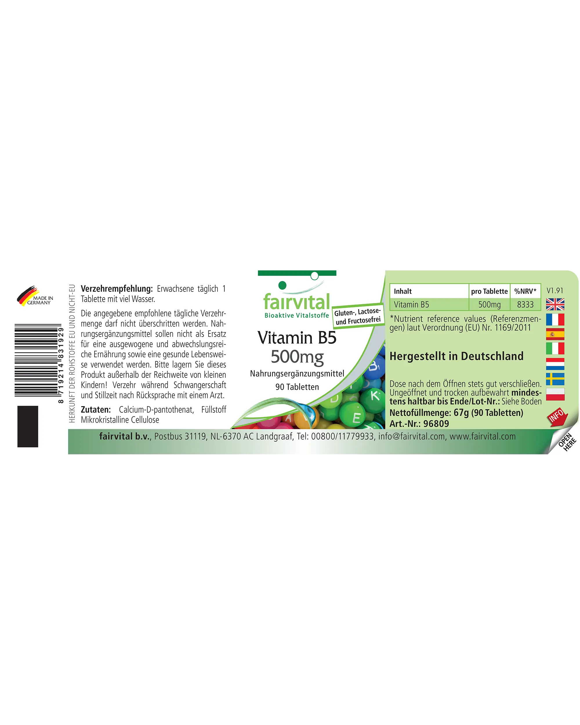 Vitamina B5 500 mg - 90 compresse - oltre il 100% del fabbisogno - per energia e prestazioni mentali - vegano | Fairvital