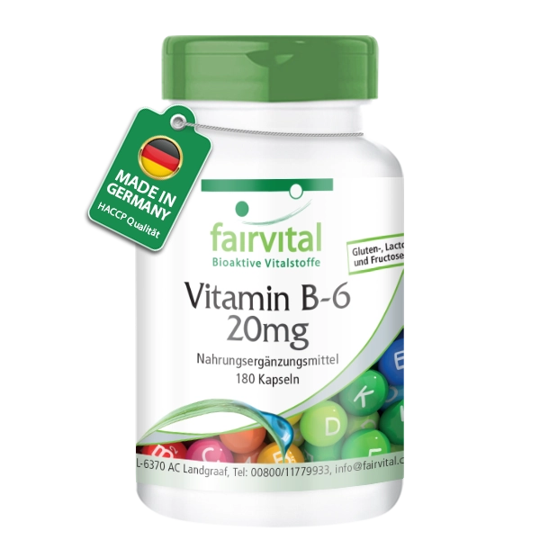 Vitamin B-6 20mg - 180 Kapseln - Pyridoxinhydrochlorid - für Immunsystem, Energie uvm. - Hochdosiert & Vegan | Fairvital
