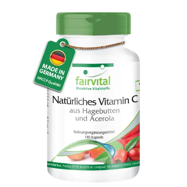 Natürliches Vitamin C aus Hagebutten und Acerola - 180 Kapseln - für Immunsystem uvm. - Vegan | Fairvital Natürliches Vitamin C aus Hagebutten und Acerola - 180 Kapseln - für Immunsystem uvm. - Vegan | Fairvital