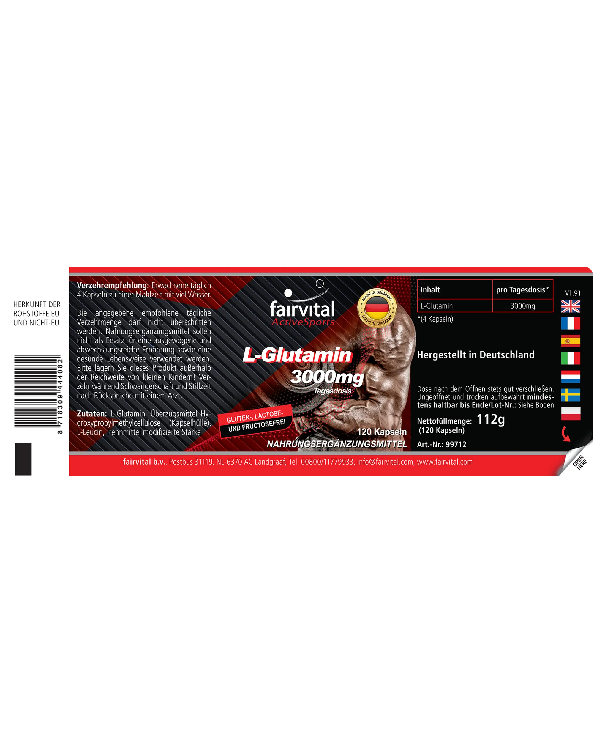 L-glutamina 3000 mg - 120 cápsulas - alta dosis - vegano - aminoácido en forma libre | Fairvital