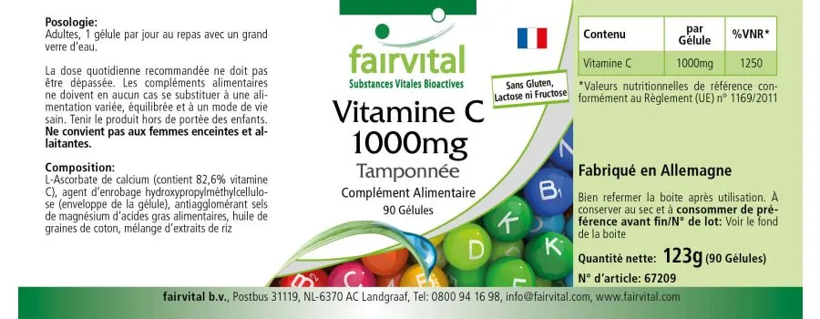 Vitamine C 1000mg tamponnée - 90 gélules