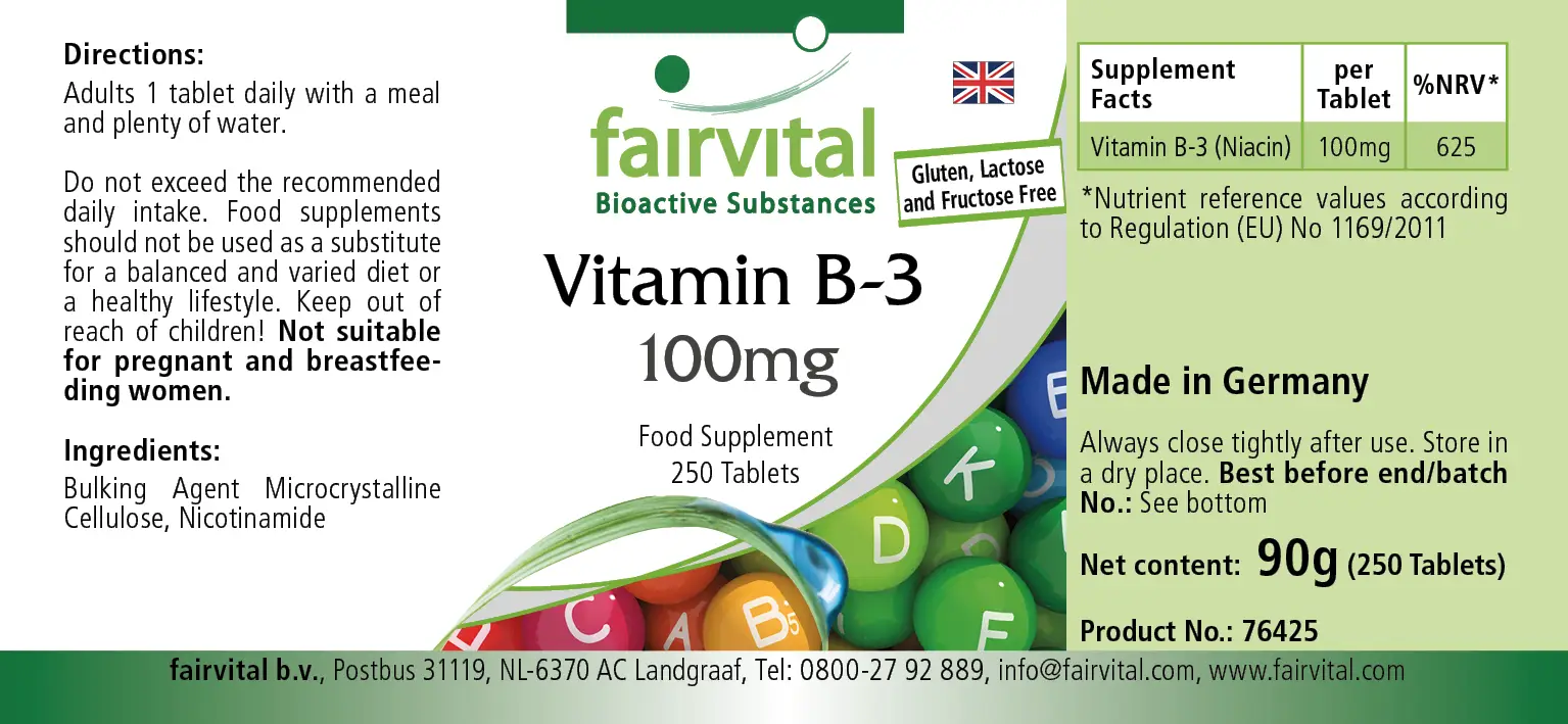 Vitamin B-3 niacin 100mg - 250 tablets