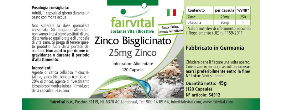 Bisglicinato de zinc con 25mg de zinc - 120 cápsulas