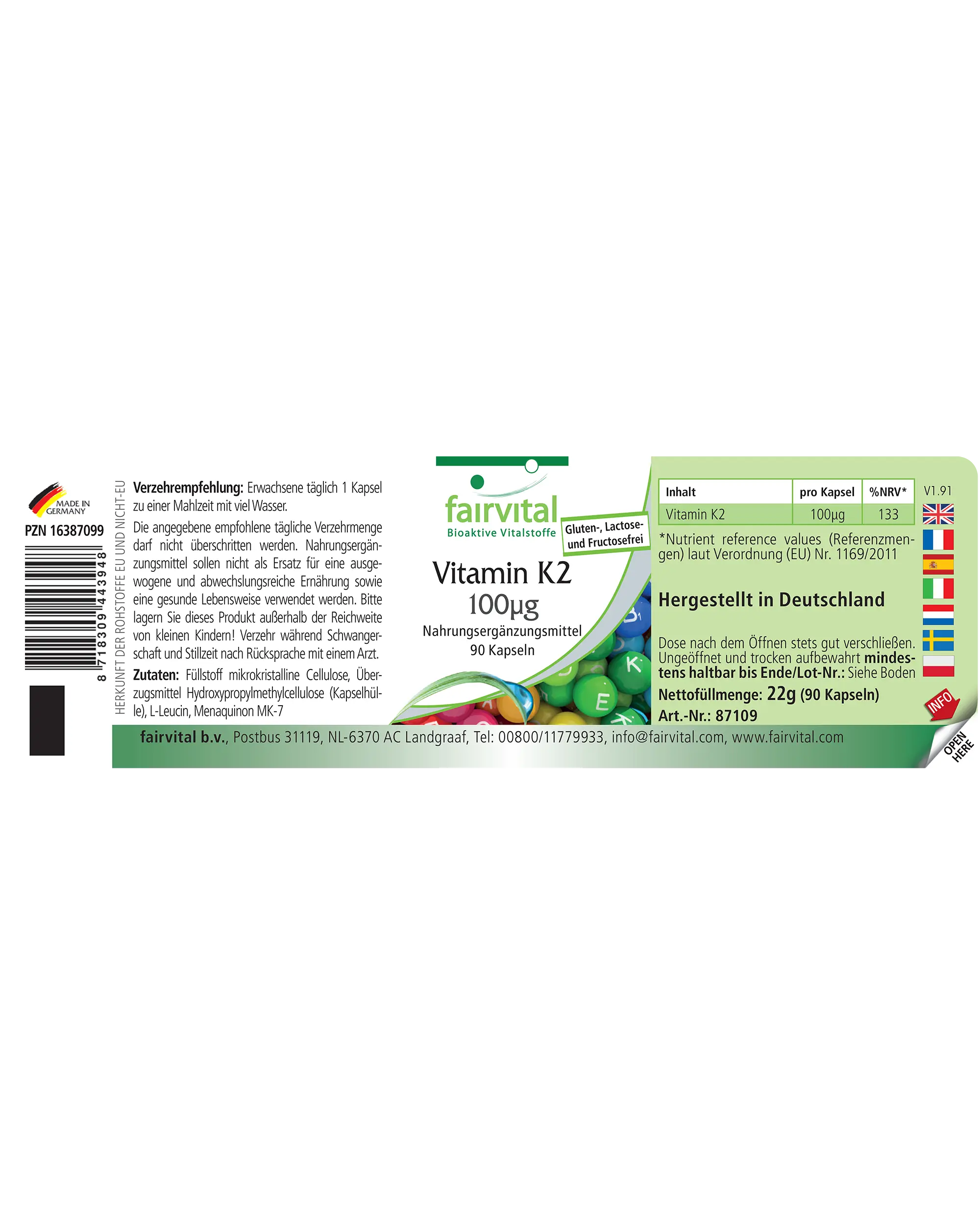 Vitamin K2 100µg - 90 Kapseln - über 100% Bedarfsabdeckung - Schluckfreundlich - Für Knochen und Blutgerinnung - Vegan | Fairvital