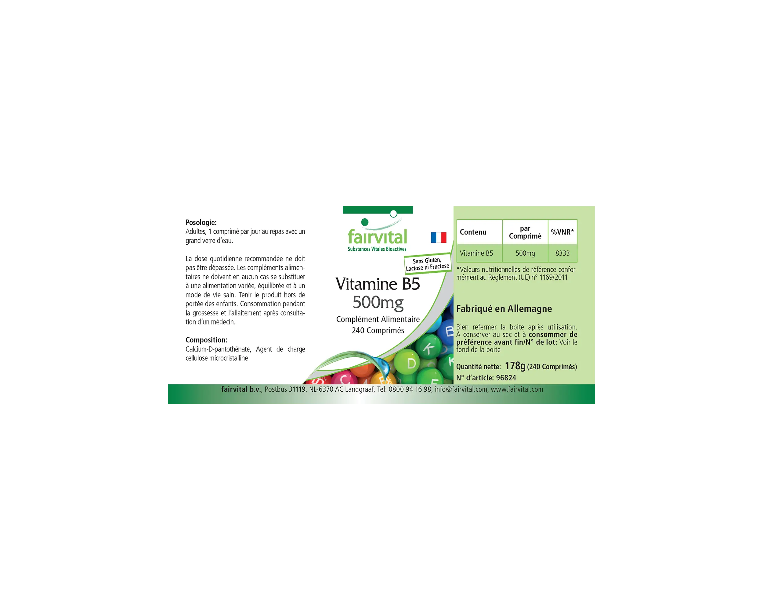 Vitamin B5 500mg - 240 Tabletten - für Energie, geistige Leistungsfähigkeit uvm. - über 100% Bedarfsabdeckung - vegan | Fairvital