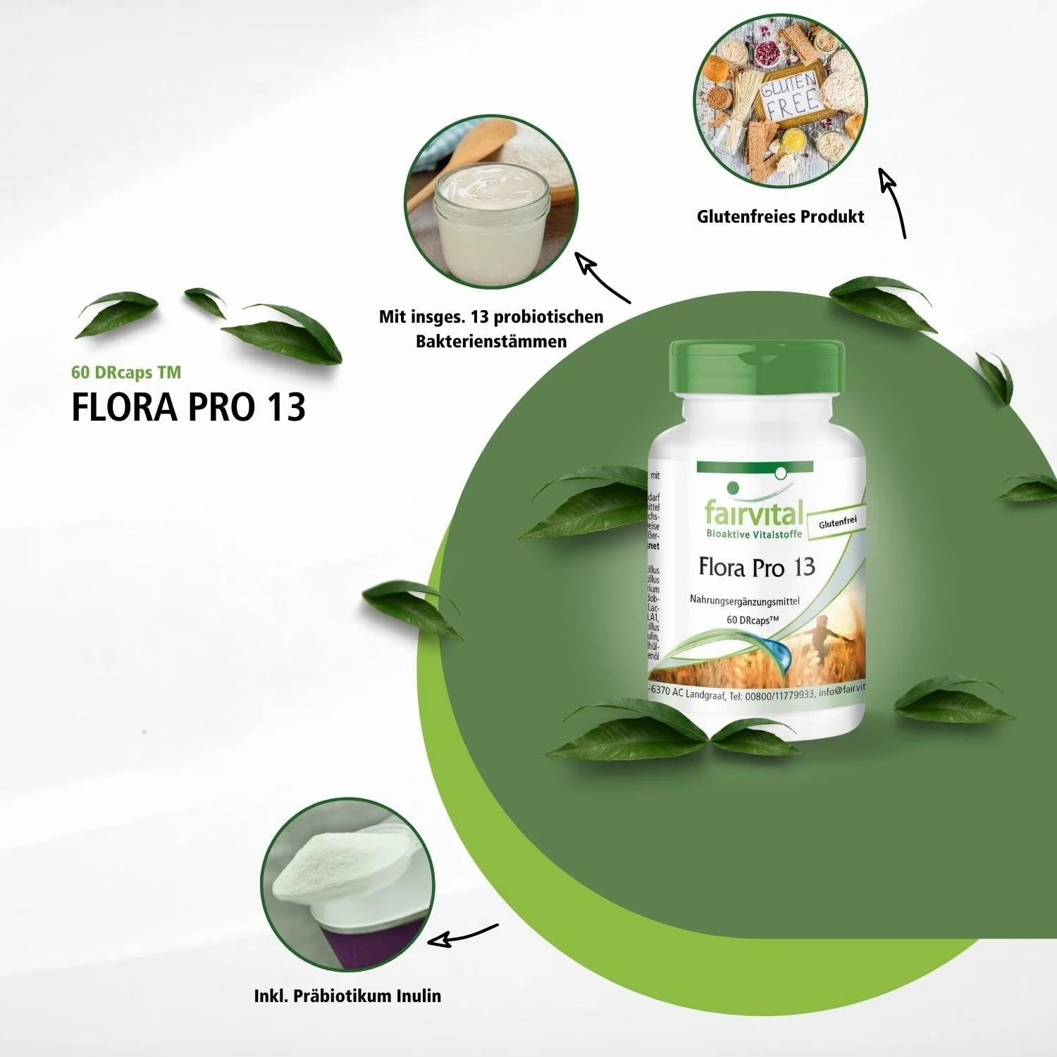 Flora Pro 13 - 60 Kapseln - Schluckfreundlich - 13 Bakterienstämme & 41;5 Milliarden Kulturen pro Kapsel - Hochdosiert | Fairvital