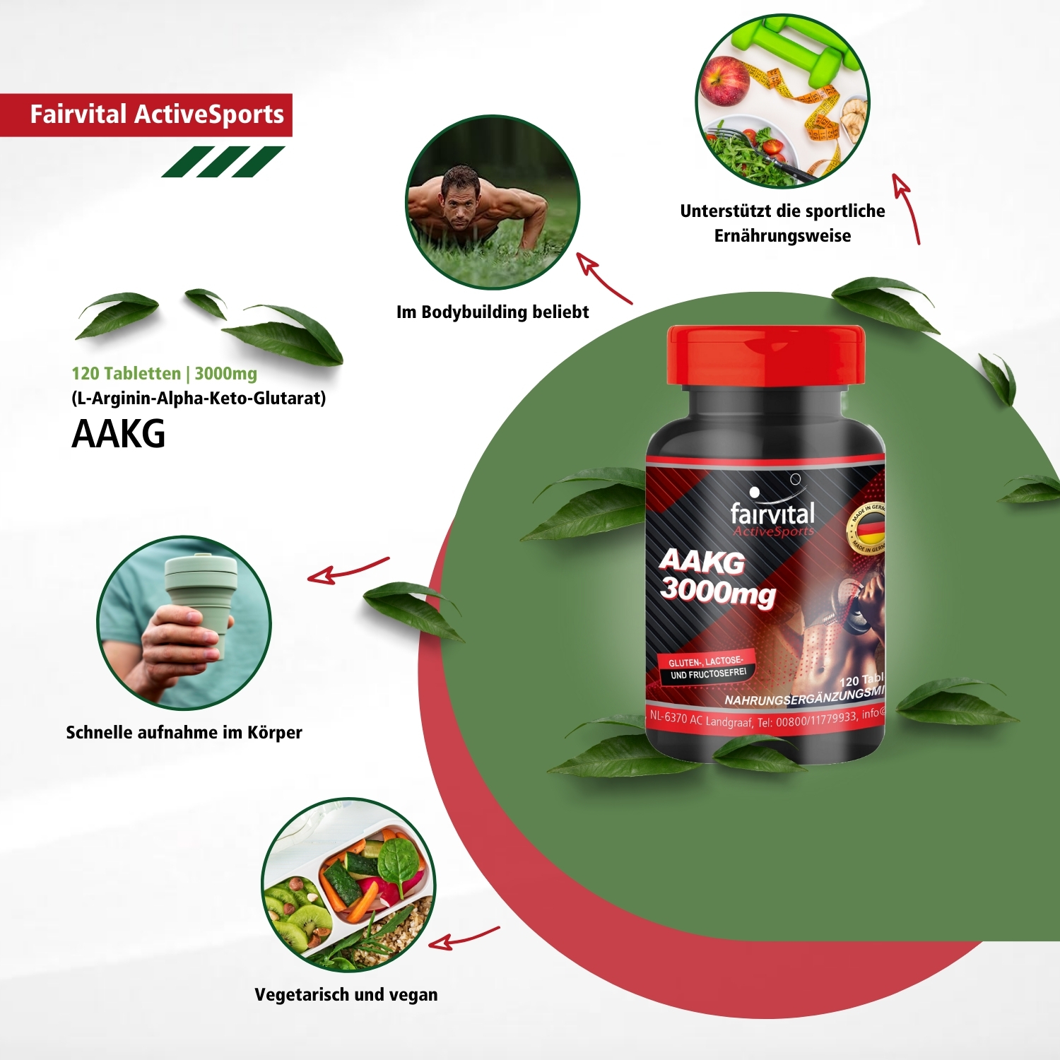 AAKG 3000mg L-Arginin-Alpha-Ketoglutarat - Hochdosiert und Vegan - 120 Tabletten | Fairvital