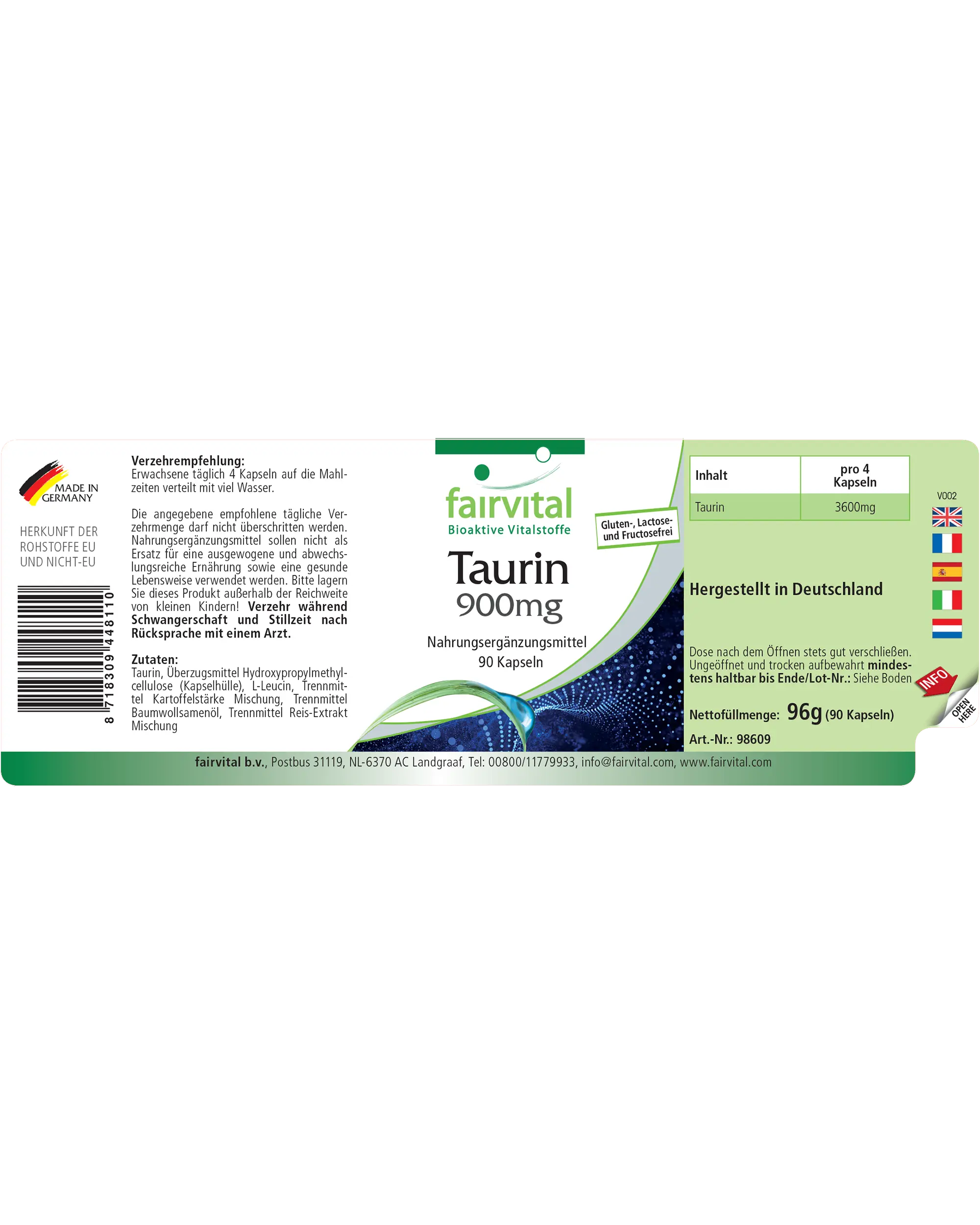 Taurin 900mg - 90 Kapseln - Hochdosiert- Vegan | Fairvital